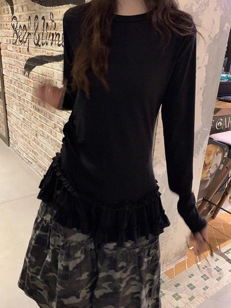 Women's Ballet Style Long Sleeve Lace Hem T-Shirt for Autumn/Winter - Chic Slim Fit Base Layer Top