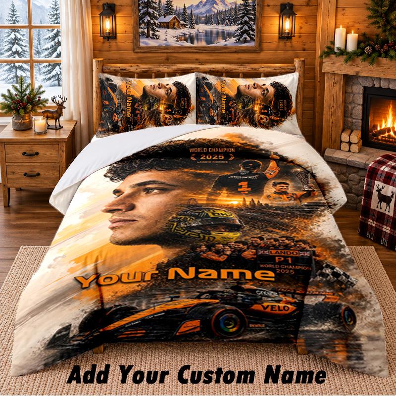 Lando Norris Muster Bettwäsche 3-teiliges Set Individueller Name, Bettlaken und Kissenbezüge für Zuhause Schlafzimmer