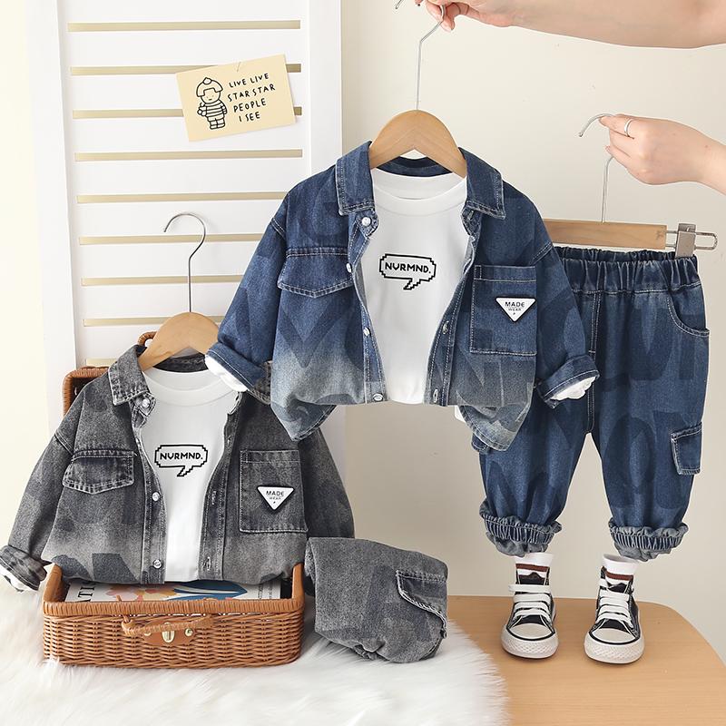0-5-year-old boys' long sleeved 3-piece set, Boys' handsome denim jacket, Children's fashionable casual set