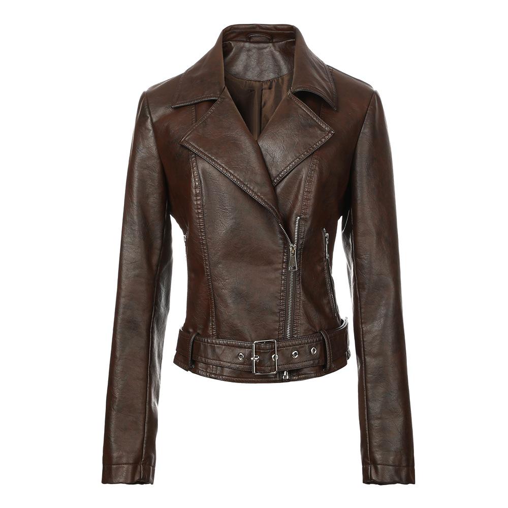 

Women s Dark Brown PU Leather Jacket - Short Lapel Motorcycle Style with Belt Details M