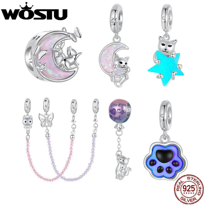 WOSTU 925 Sterling Silver Pink Opal Moon Cat Charm Glow In Dark Pet Paw Pendant Cat's eye safety Chain Fit Original Bracelet DIY