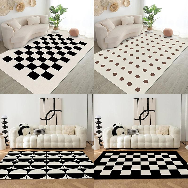 Black White Checkerboard Fluffy Rug Cream Style For Living Room Bedroom Girl Room Anti-Skid Mat