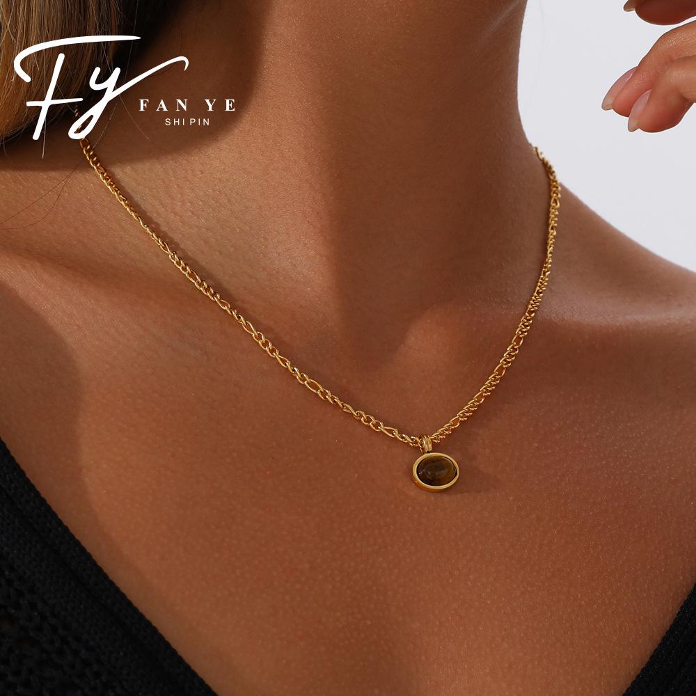 18K Gold Tiger Eye Oval Necklace & Earrings Set - Elegant French Clavicle Jewelry for Women