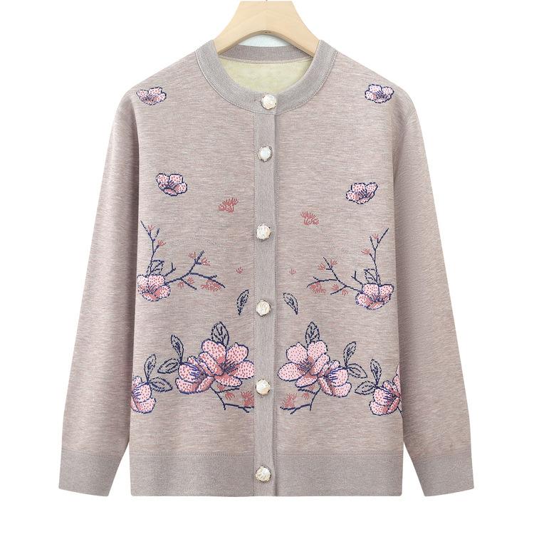 Middle-aged and Elderly Women's Winter Plus Velvet Thickened Sweater Grandma Winter Warm Top New Mother Printed Cardigan