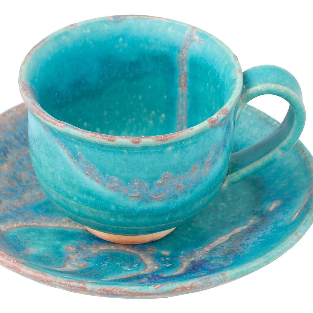 Marui Pottery Shigaraki Ware Hechimon Cup & Saucer, Approx. 210ml Capacity, Dewdrop Blue, MR-3-4397