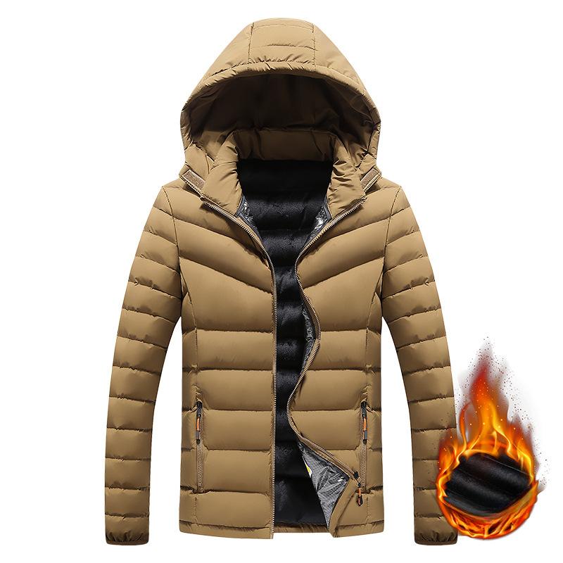 Rib Clothing Cotton Jacket Men's Winter Solid Color Slim Fit Removable Hat Trendy Plush Thickened Top Jacket Men