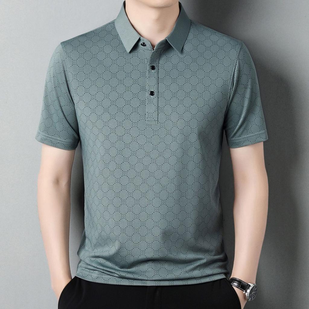Ice Silk Short-Sleeved Polo Shirt Men'S High-End Trend Printed Thin Lapel Men'S T-Shirt Polo Shirt