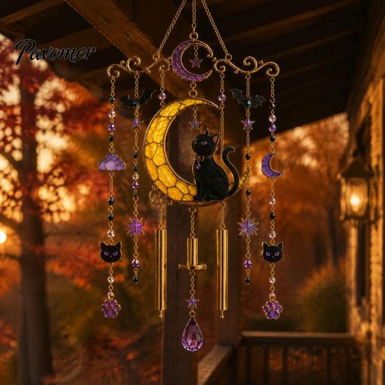 Unique Halloween Gifts for Friends Stained Glass Style Wind Chime, Acrylic Suncatcher Hanging Ornament with Ghost Black Cat Artistic Window
