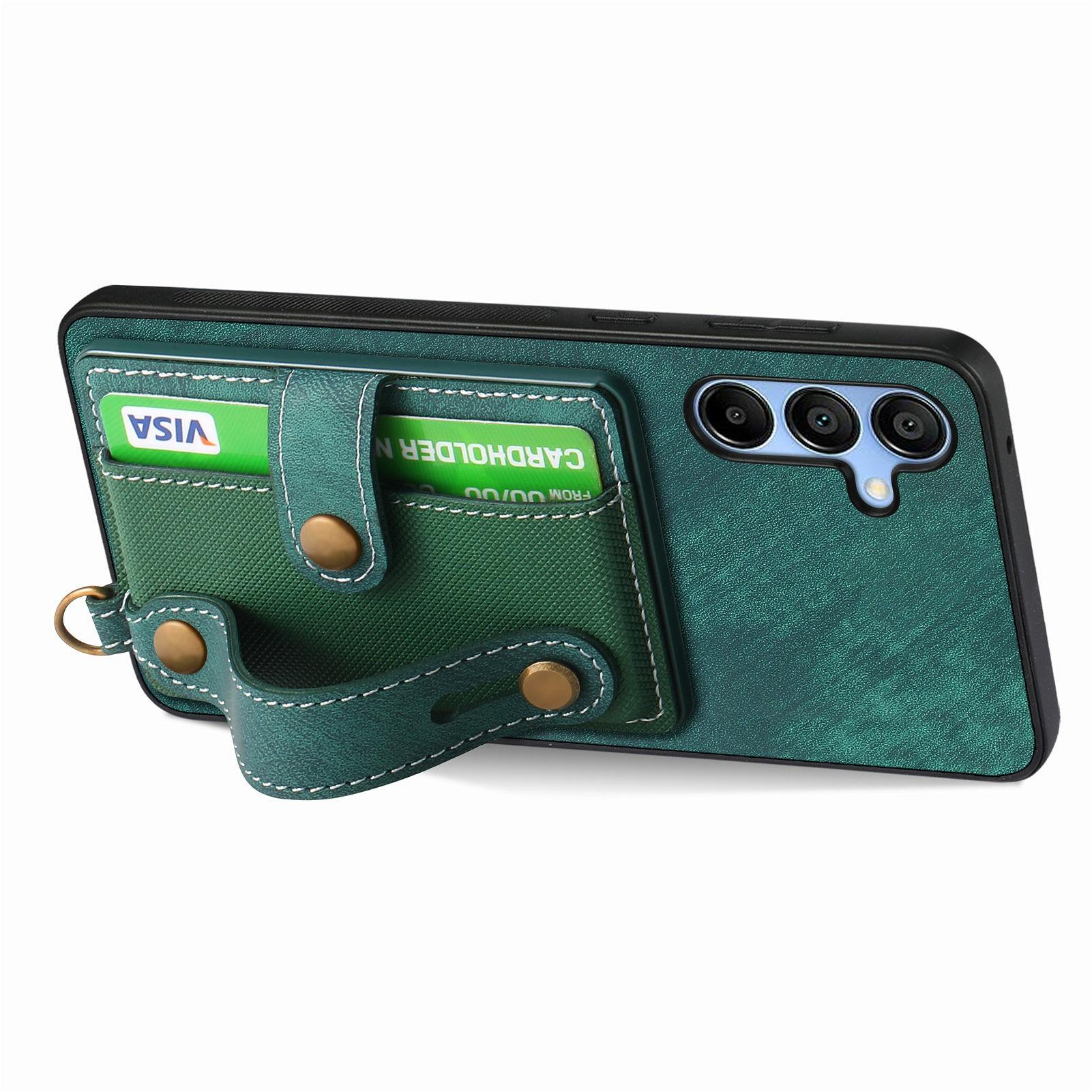 

For Samsung Galaxy A16 4G/5G Case Wristband Kickstand PU Leather Retro Back Cover Card Holder Black