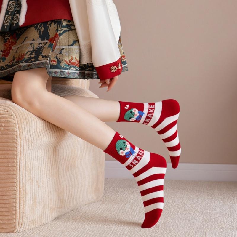 1 Pair Cartoon Snake Year New Year Striped Crew Socks Soft Cotton Chinese Zodiacs Ankle Socks for Festives Celebrations