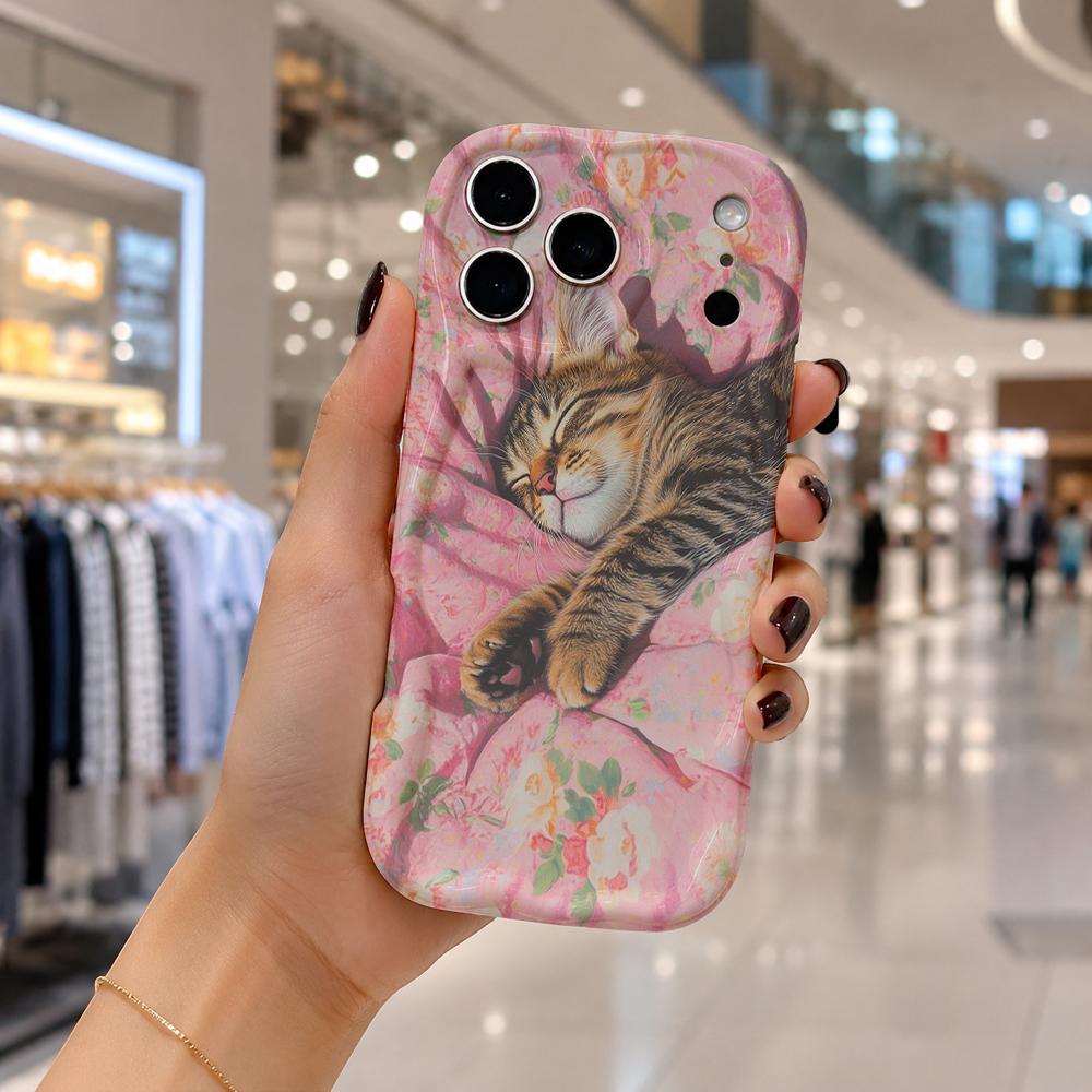 Sleep Tabby Cat Floral Pillow Wavy Edge Phone Case For iPhone 16 15 14 Pro Max 13 12 11 Mini XR XS SE 2020 7 8 Air Cover