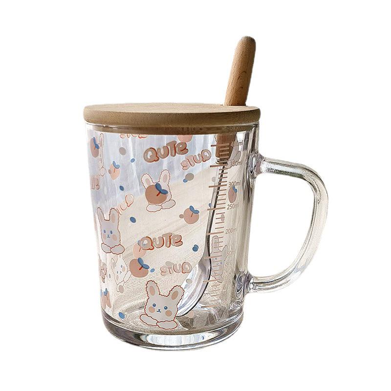 Glass Cartoon Print Milk Cup with Lid, Straw, and Spoon – Cute Breakfast Gift Cup with Logo