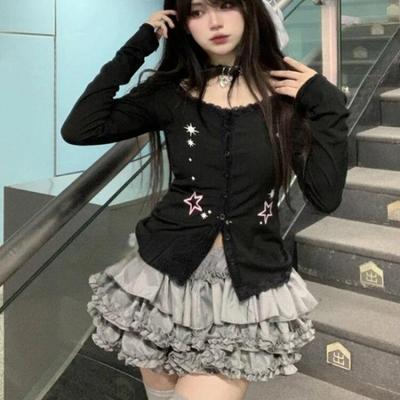 2KWEIRD Slim Hot Sweet Spitze Patchwork Print Sterne T-Shirt Damen Kleidung Langarm Harajuku Y2k Cardigan Tee Femme 90er