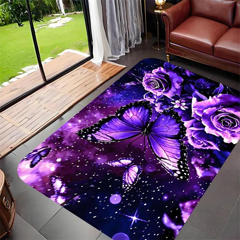 Purple Flowers and Butterflies Printing Large Rug Soft Room Carpet Floor Mat Sofa Bedroom Home Easy Clean Decor Very Beautiful