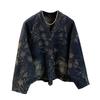 DIMANAF 2026 Herbst Winter Große Größen Damen Jeansjacken Mantel Kurz Lässig Print Floral Locker Knöpfe Blau Vintage Oberbekleidung