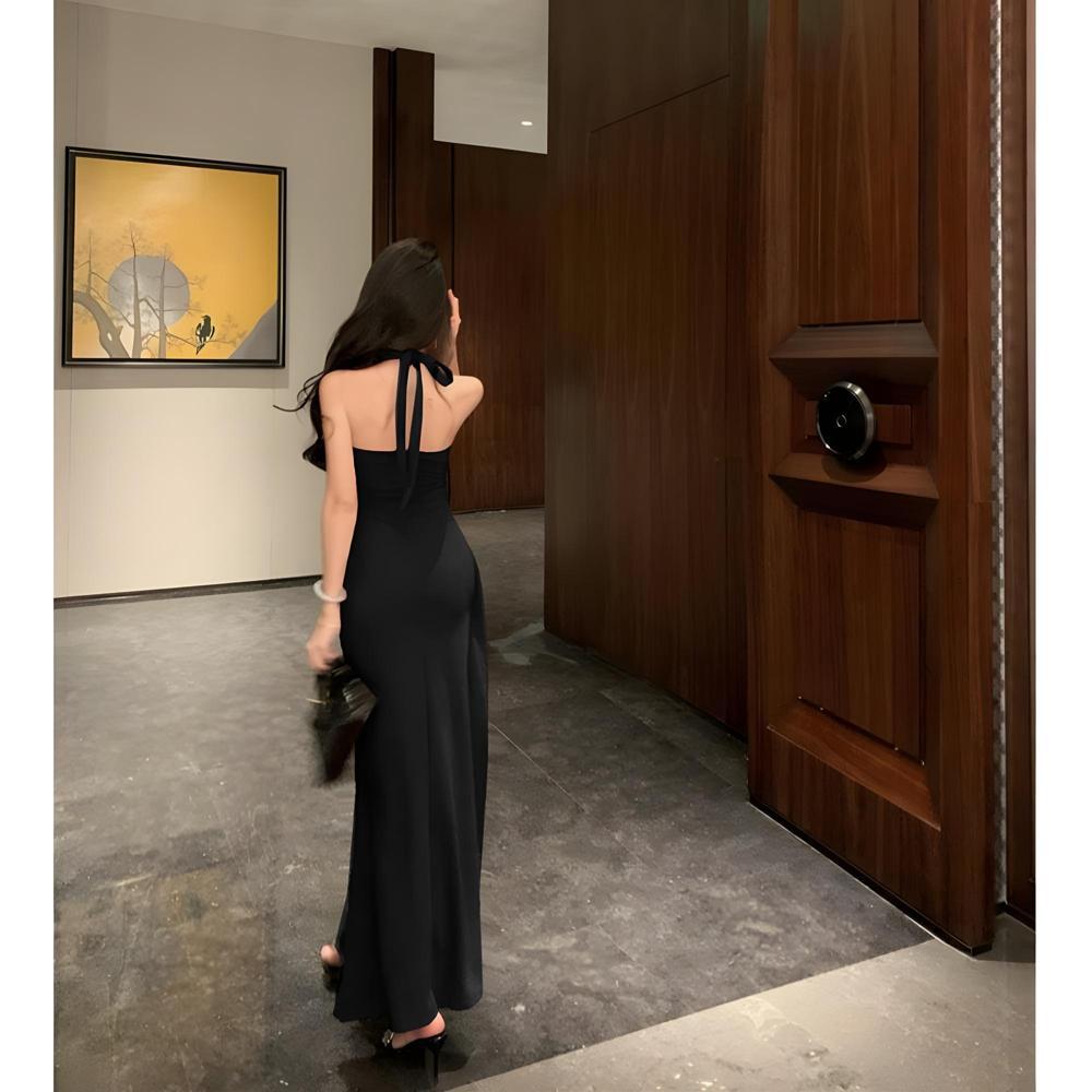 

Чистый повседневный милый и пикантный стиль шея красное платье женское летнее элегантное новое приморский отпуск талия утянутая красивое длинное платье XL- (recommended 110-60kg) чёрный