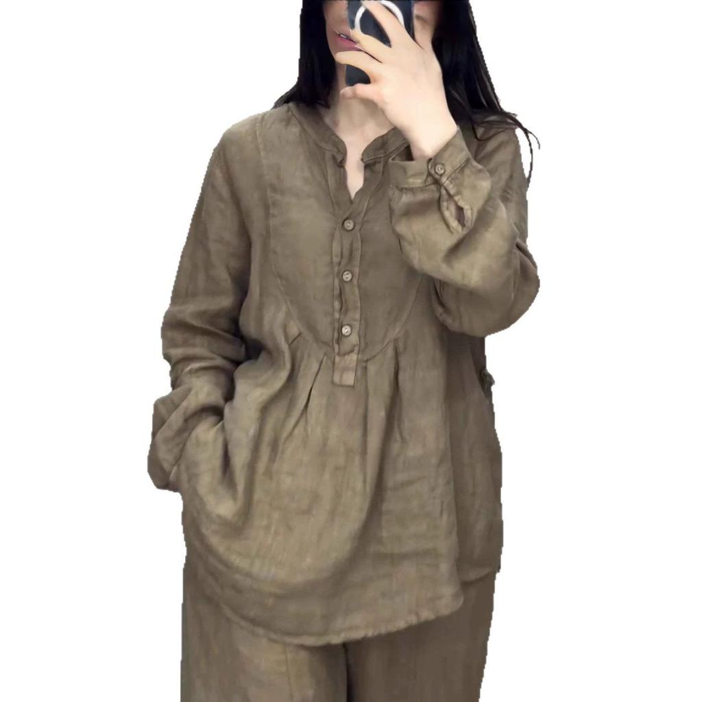 Completo da Donna 2 Pezzi Moda Ufficio Signora Cotone Lino Manica Lunga Casual Ampio Pantalone a Gamba Larga Completo Primavera Autunno Set da Donna