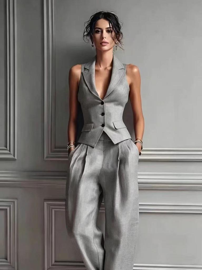 Women Clothing Set Sexy V-Neck Button Tank Fashion Casual