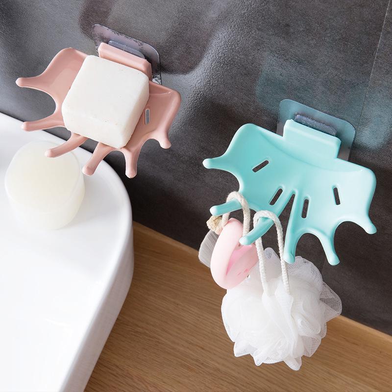 

Wall-Mounted Bathroom Soap Dish with Drainage and Organizer Hooks Lake Blue