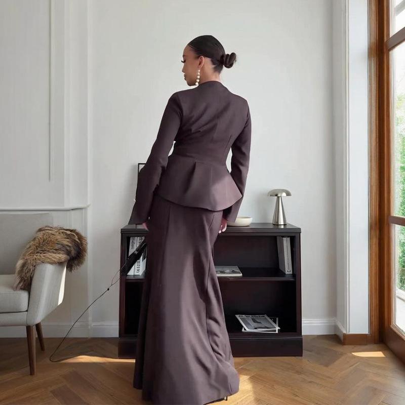 Women's Solid Color Bodycon Long Skirt Set with Long Sleeve Mock Neck Top