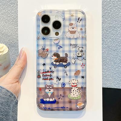 Cute Puppy Blue Grid Pattern Lattice Transparent Cartoon Case for IPhone 16 15 14 17 Pro Max 13 Shockproof Protective Back Cover