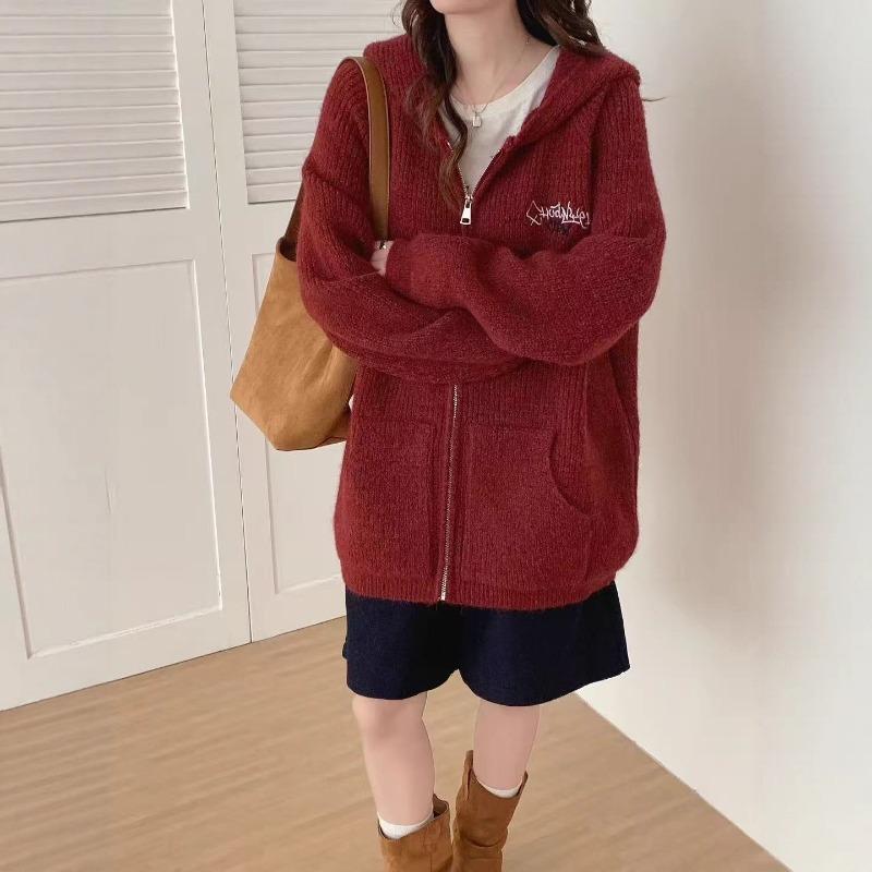 Vintage Zipper Hooded Embroidered Knitted Cardigan Autumn and Winter New Loose Casual Lazy Wind Sweater Jacket Women