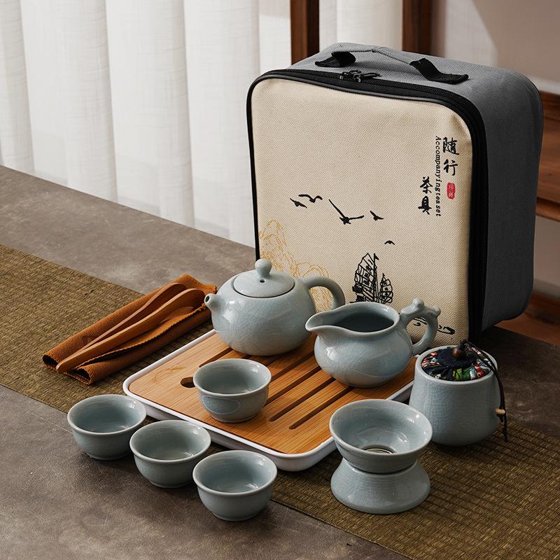 Chinese Kung Fu Travel Set, Ceramic Portable Teapot,Travel Tea Set Portable Outdoor Kung Fu Ceramic Teapot Plate Set