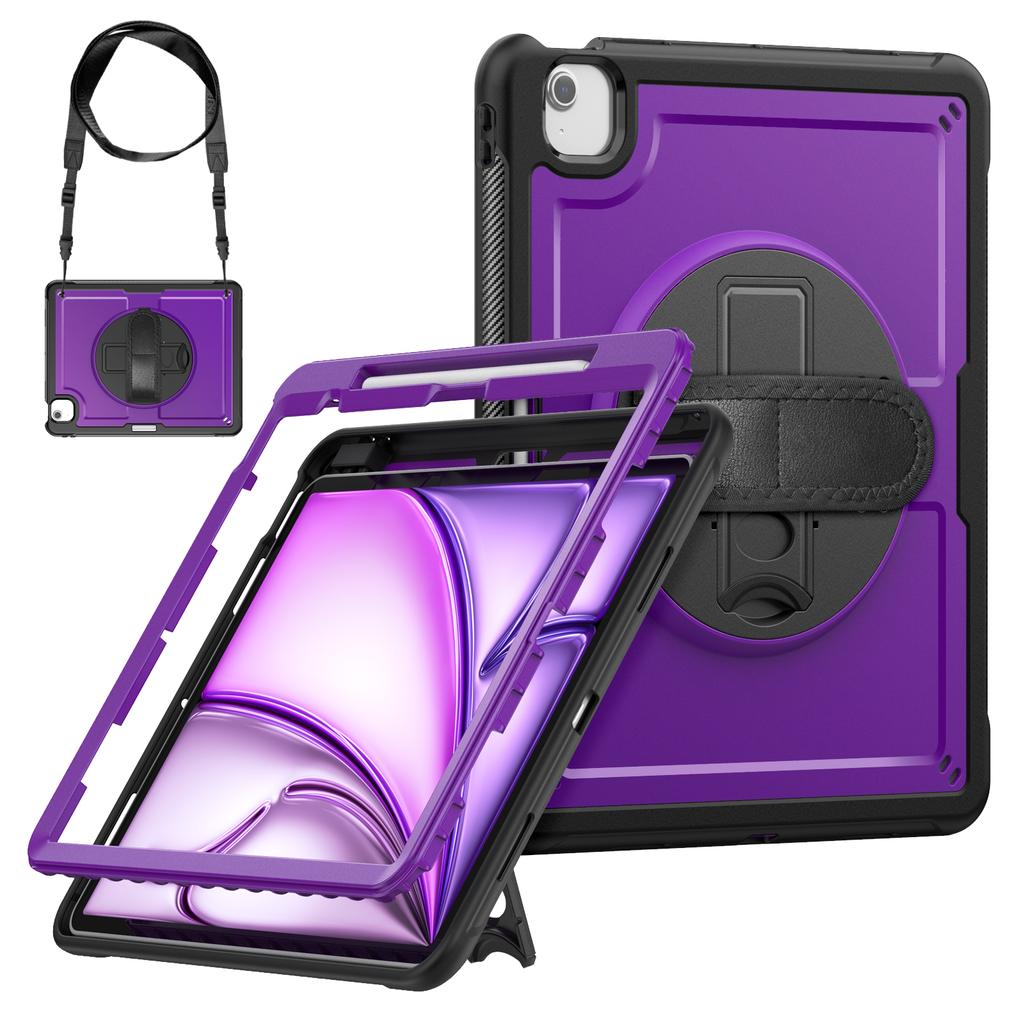 For iPad Air 13 (2025) M3 A3268/(2024) M2 Case Kickstand PC + TPE Tablet Cover with Hand Strap and Shoulder Strap