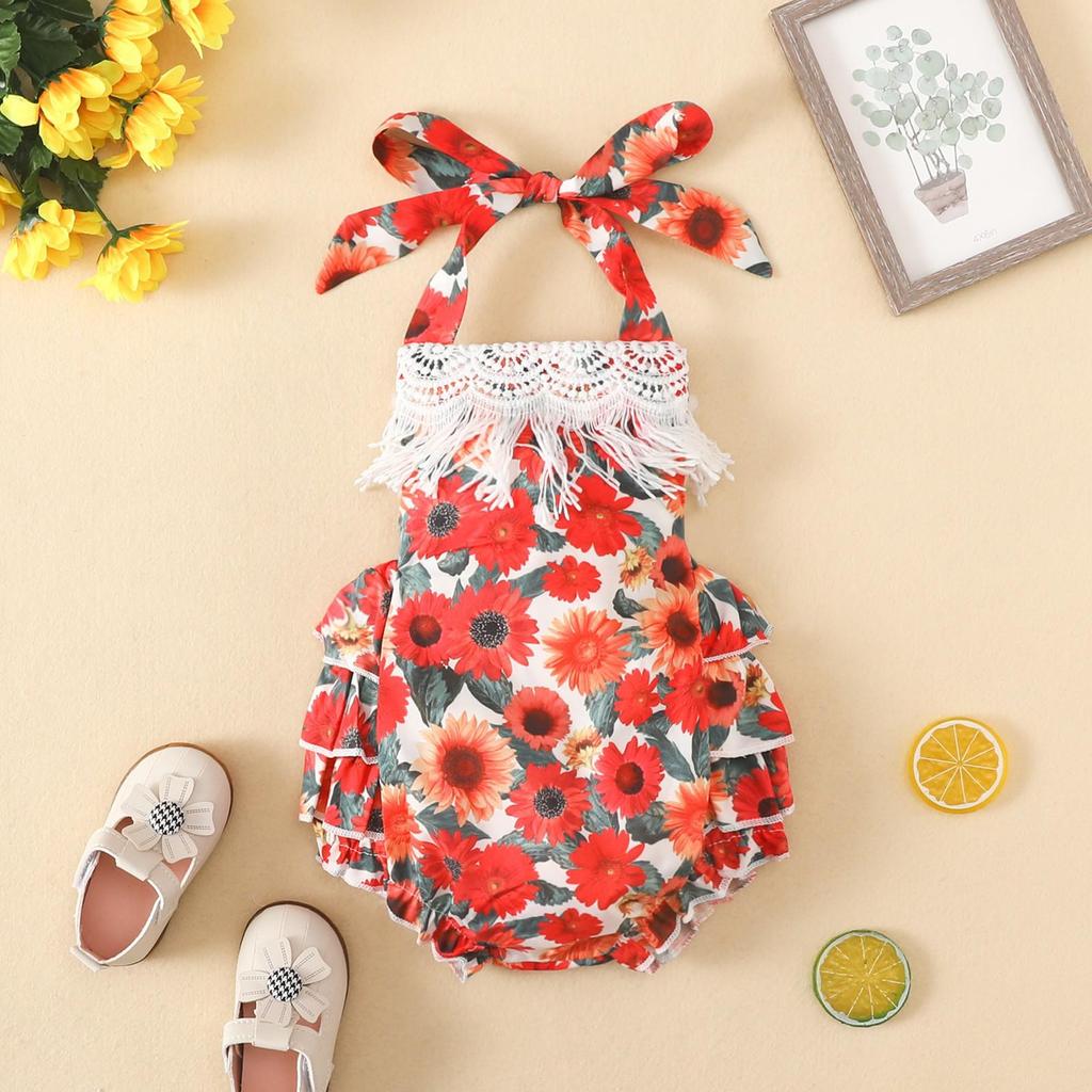 Baby Sleeveless Summer Sling Bodysuit with Bow Print