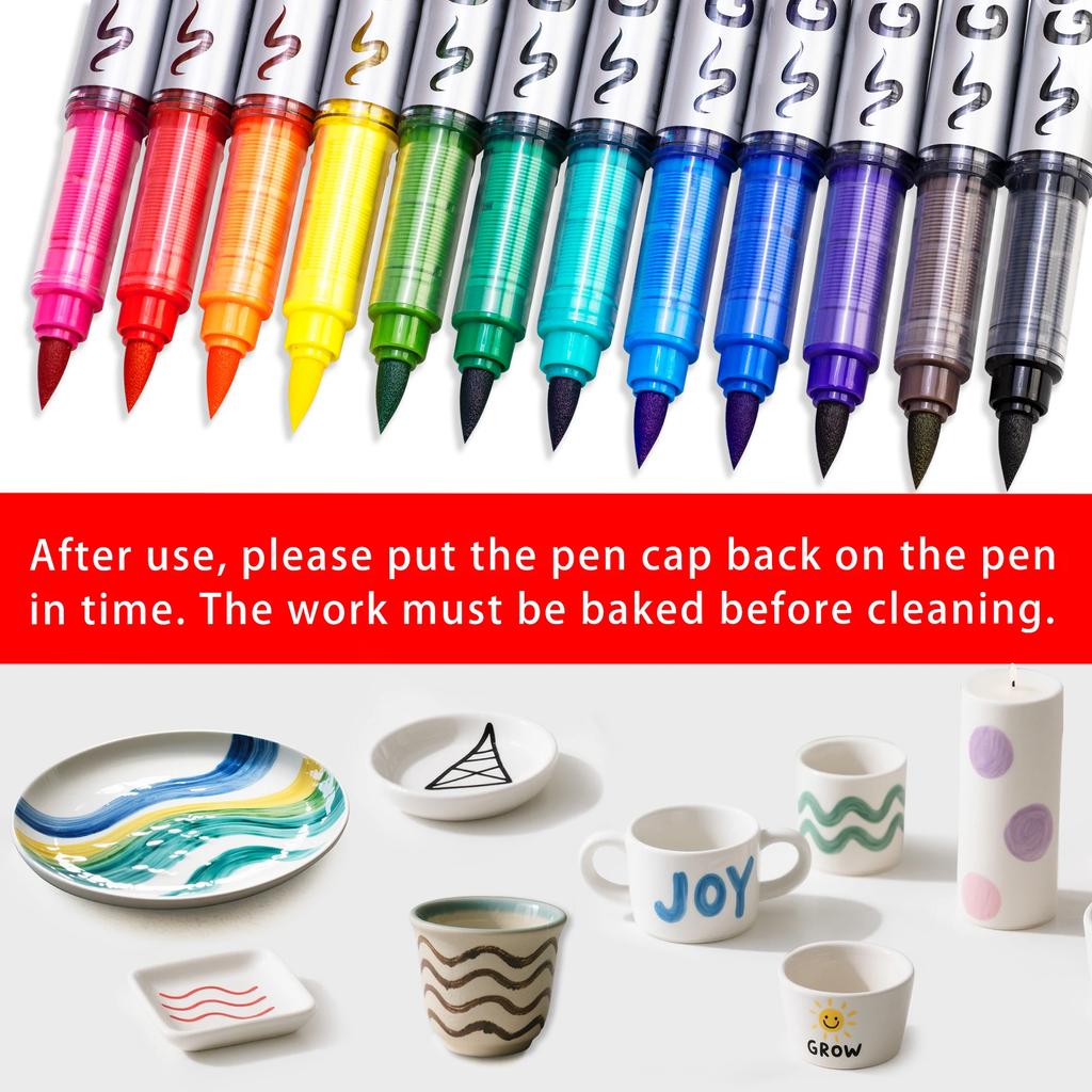 Permanent Marke Ceramics Pens 12 Colors Porcelain Paint Brush Pen for Both Glazed and Unglazed Christmas Decoration Wine Markers
