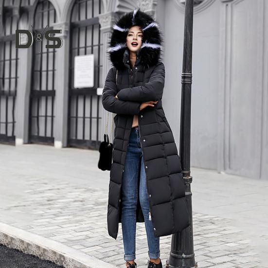 Winter Women Cotton Jacket Detachable Hood Neck Protection Long Sleeves Pockets Knee Length Zipper Closure Padded Coat Solid Color Windproof Outwear
