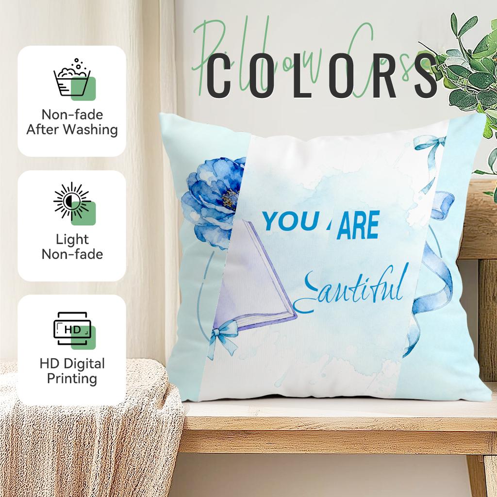 4 Pcs Blue Bow Text Single-Sided Printed Pillowcase Cushion Cover,Suitable For Living Room,Bedroom,Car Decoration