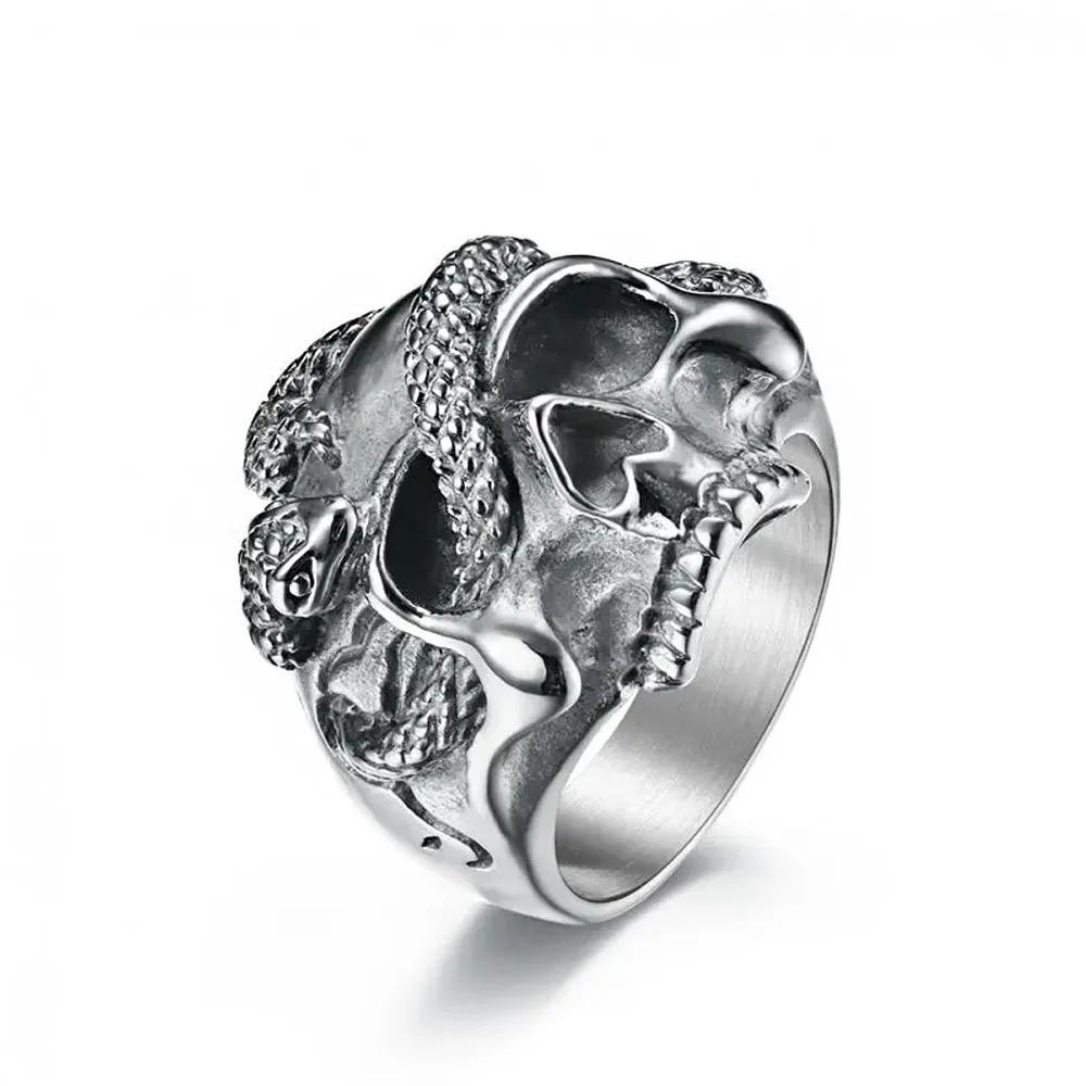 Vintage Punk Snake Skull Ring Stainless Steel Biker Jewelry For Men Unique Hip Hop Amulet Gift Animal Ring 12