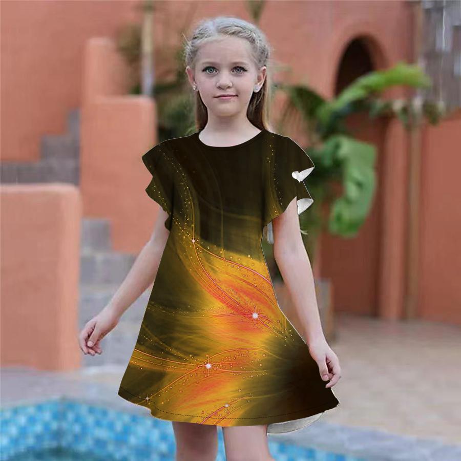 Girls Blue Petals Print Dresses Kids Girl Party Dress Loose Fitting Loose Fitting Short Sleeved Skirt For Girls Over Four Years Old