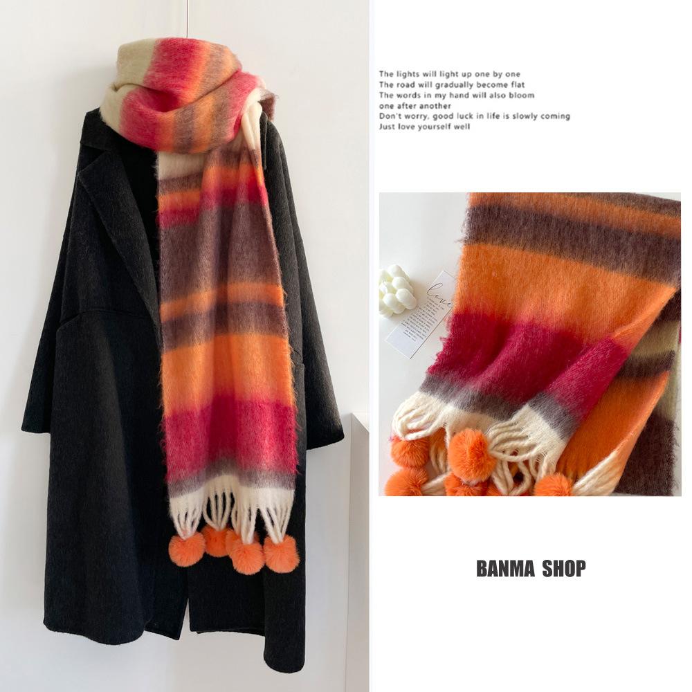 Winter Rainbow Striped Scarf Soft Hanging Hairball Scarf Mohair Thickened Warm Student Cold Scarf Shawl