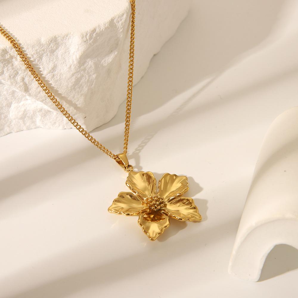 Gold Stainless Steel Pendant Necklace For Women Flower Pearl Charm Link Chain Choker