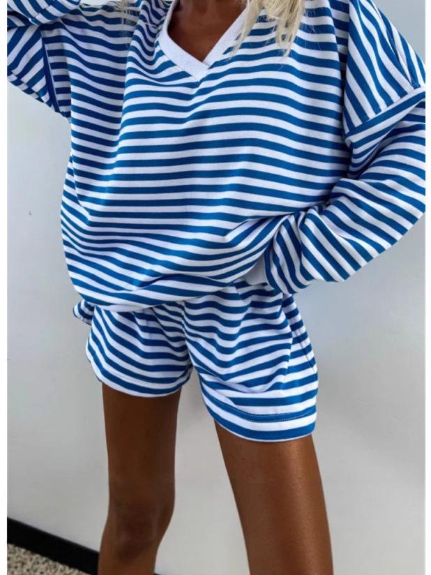 Summer Women's Striped V-Neck Top & Shorts 2-Piece Set