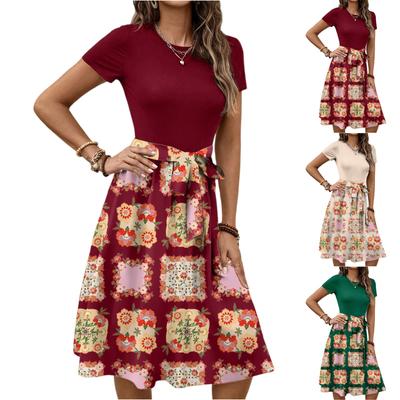 Women's Fashionable Retro Patterned Printing Color Blocked Belt Casual Dress