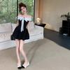 French One-Shoulder Colorblock Bow Dress: Autumn Slimming A-line Mini Skirt for Women