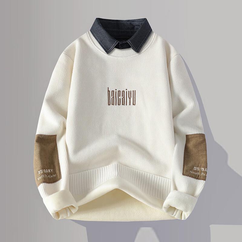 Men's Winter Fleece-Lined Faux Two-Piece Knit Pullover with Shirt Collar