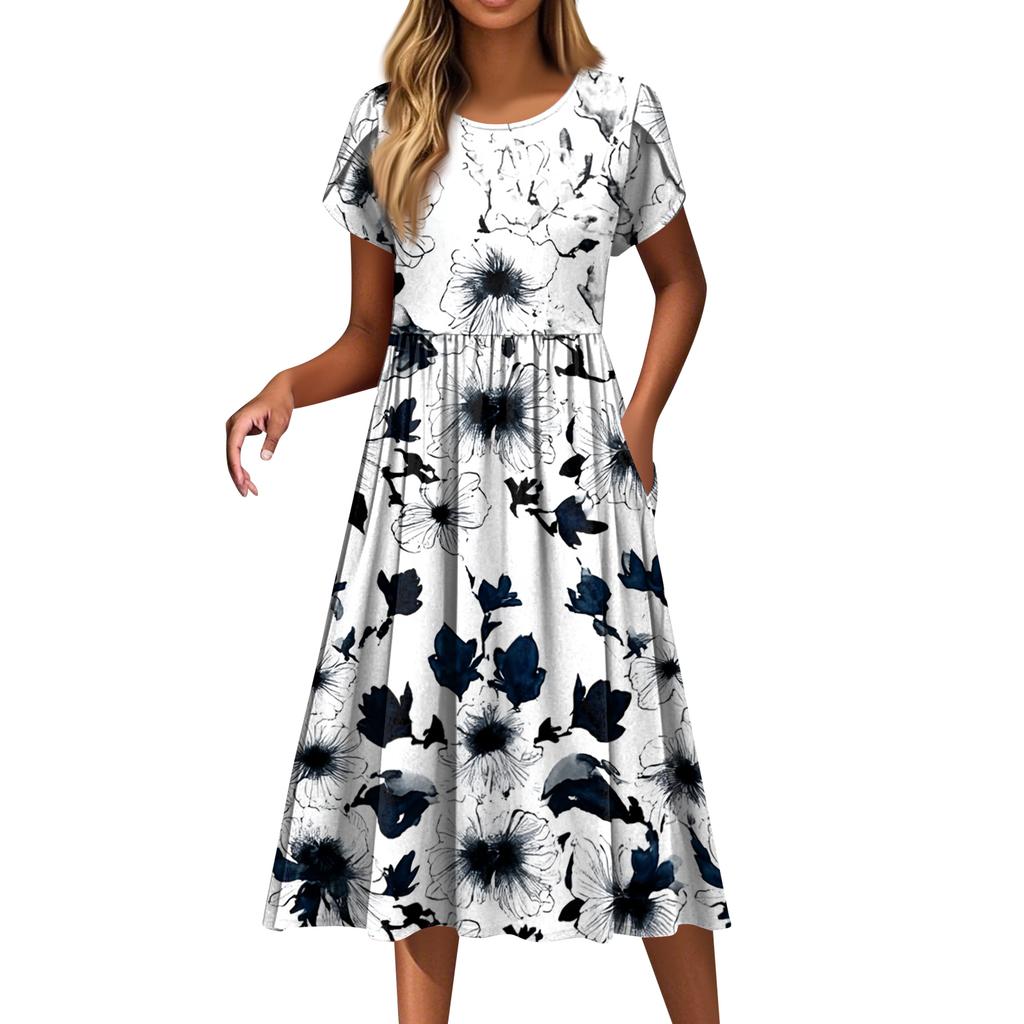 Women's Fashion Casual Loose Floral Print Round Neck Pocket Short Sleeve Dress