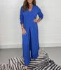Women's V-Neck Long-Sleeve Slit Top with Wide-Leg Pants - Summer Solid Color Set