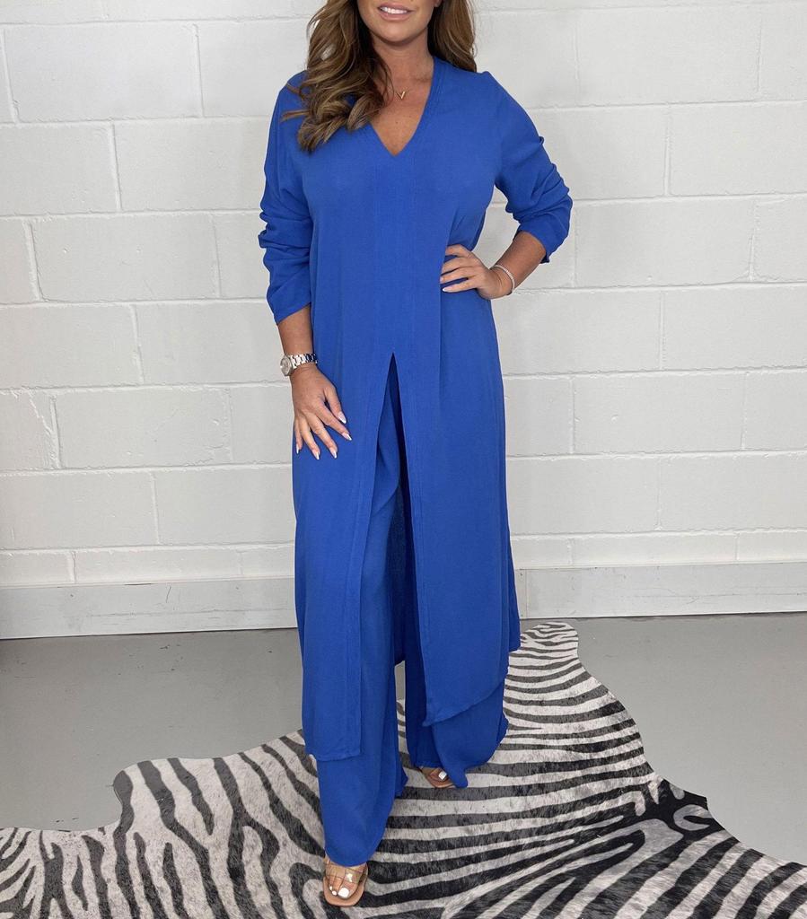 Women's V-Neck Long-Sleeve Slit Top with Wide-Leg Pants - Summer Solid Color Set