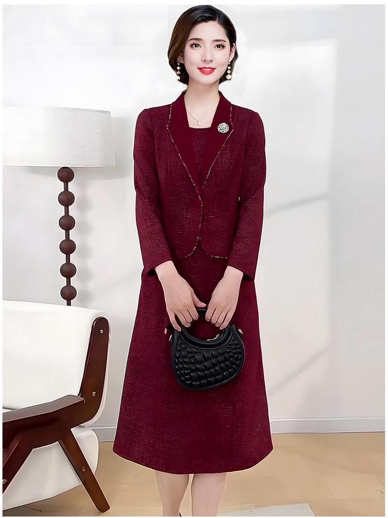 Elegant Winter Plus-Size Mid-Length Faux Two-Piece Dress for Mother-in-Law's Wedding Banquet 2025