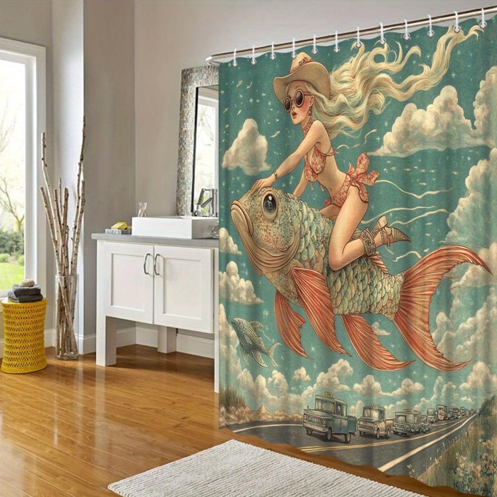 Surreal Art Shower Curtain -Woman Riding Fish, Red Bikini, Vintage Cars, Shark, Vibrant Fantasy Scene, Water-Resistant Polyester