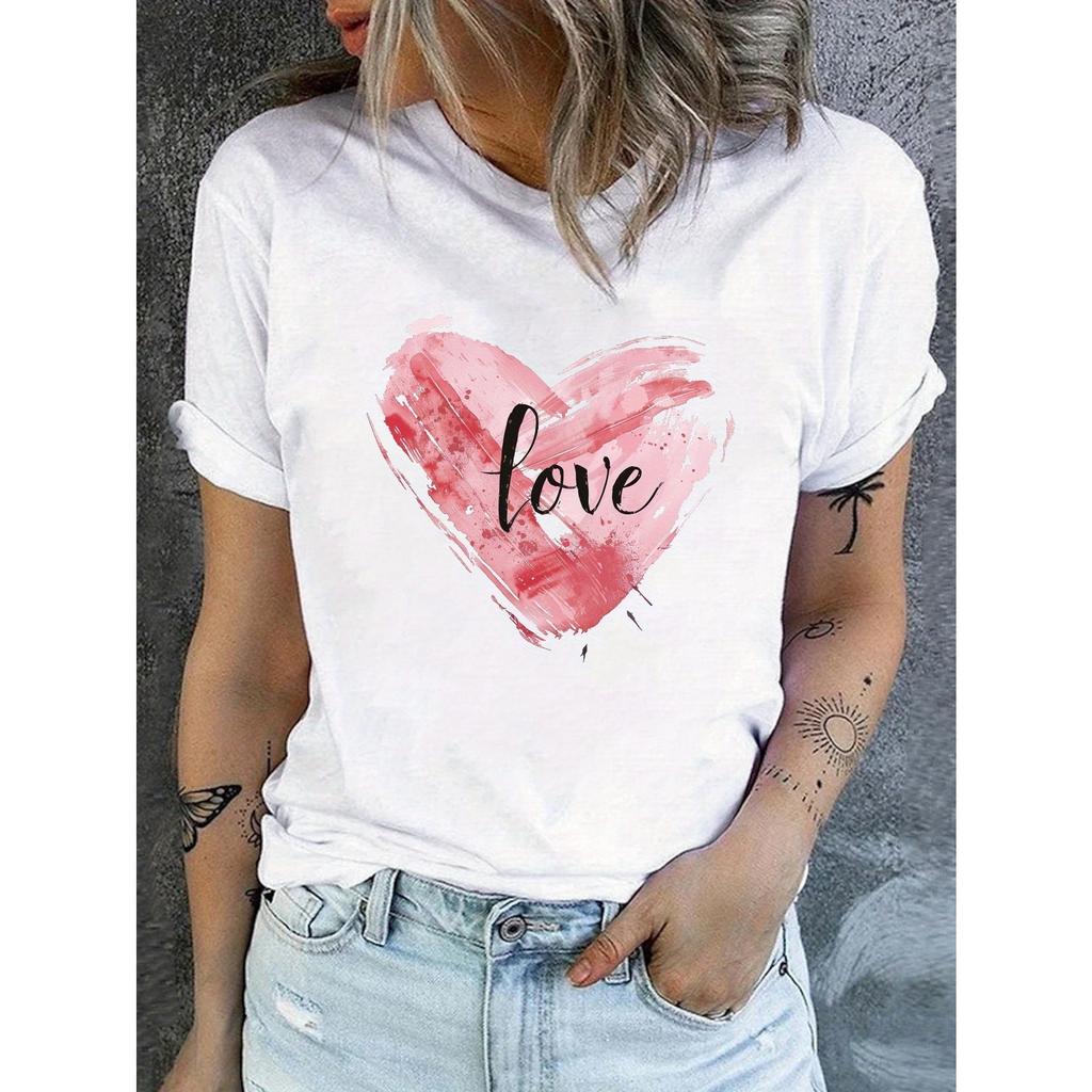 Heart Print Crew Neck Tshirt Casual Short Sleeve Top for Short Sleeve Harajuku Streetwear Tops Tees  Aesthetic Clothes