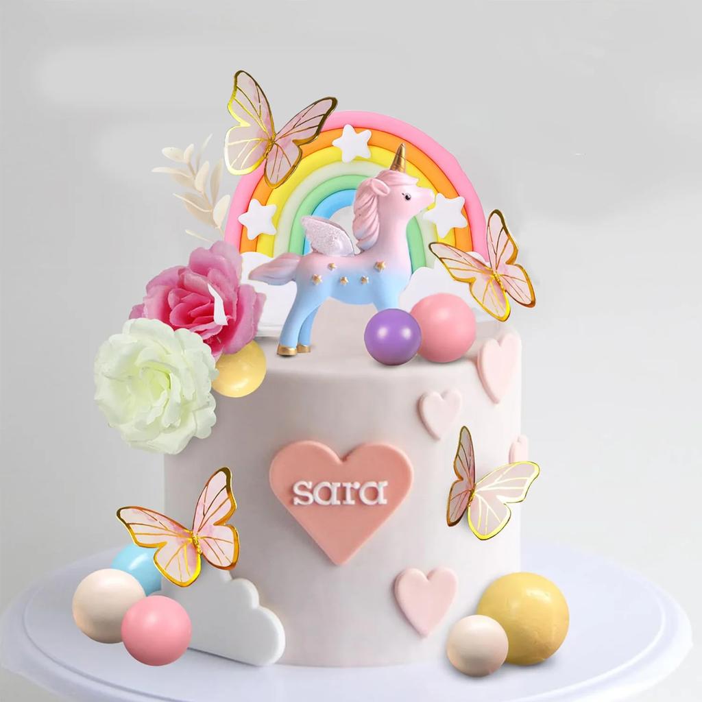 48 PCS Unicorn Cake Topper Unicorn Rainbow Cake Decorations with Butterflies Balls Happy Birthday Cake Decorations for Party