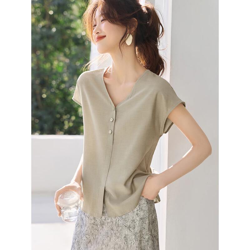 Women s Loose Fit V-Neck Faux Tencel Blouse L