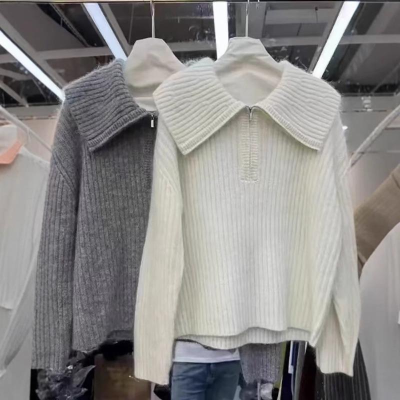 Thickened loose design semi-zipper knitted sweater top lazy style gray camel wool knitted sweater women