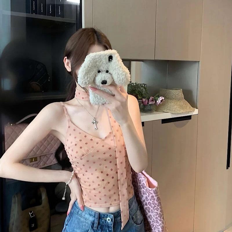 #Summer new pure desire wind three-dimensional flocking polka dot printing sling vest female slim fixing belt chest pad